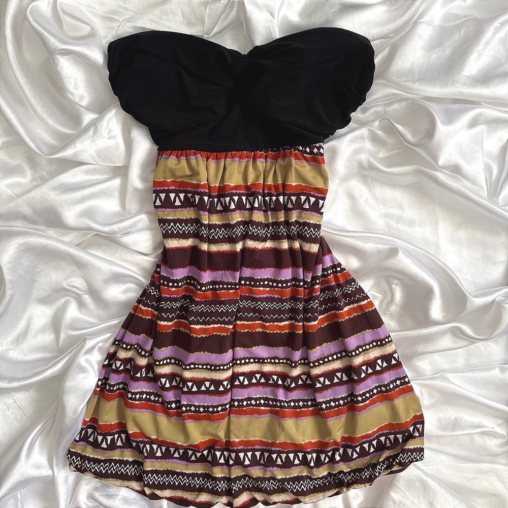Kiwi Strapless Tribal Print Bubble Hem Mini Dress Black Brown Multi Small